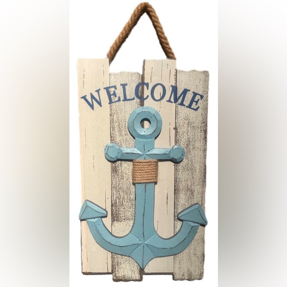 Wooden Beach Blue Anchor “Welcome” Hanging Wall Decor